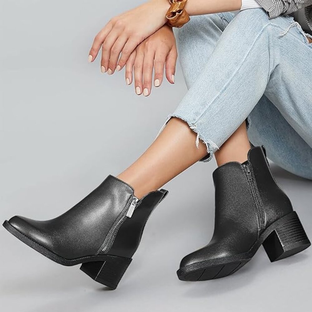 Women's Fashion Ankle Boots Round Toe Low Chunky Block Heel Non-Slip